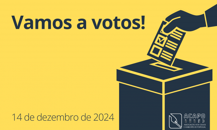 Sobre fundo azul, à direita, desenho, a branco, de uma mão a colocar um voto numa urna. À esquerda o texto: Vamos a votos! 14 de dezembro de 2024.